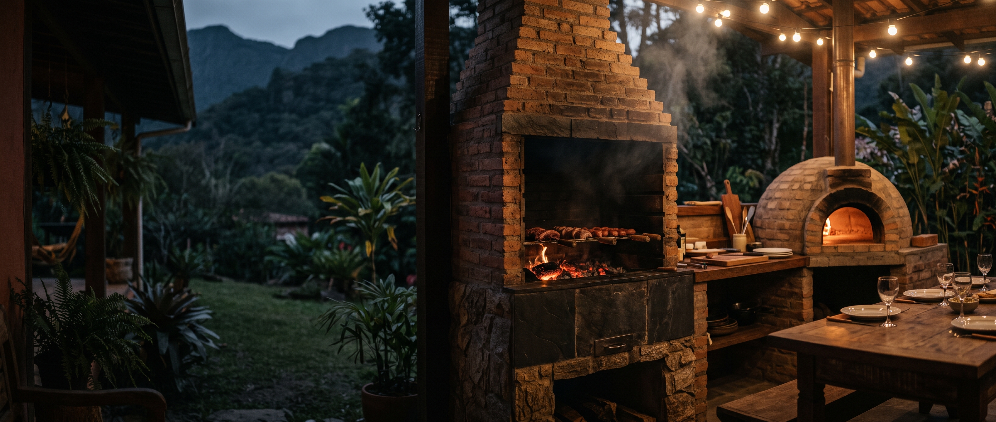 Área gourmet com churrasqueira de tijolos acesa e forno de pizza
